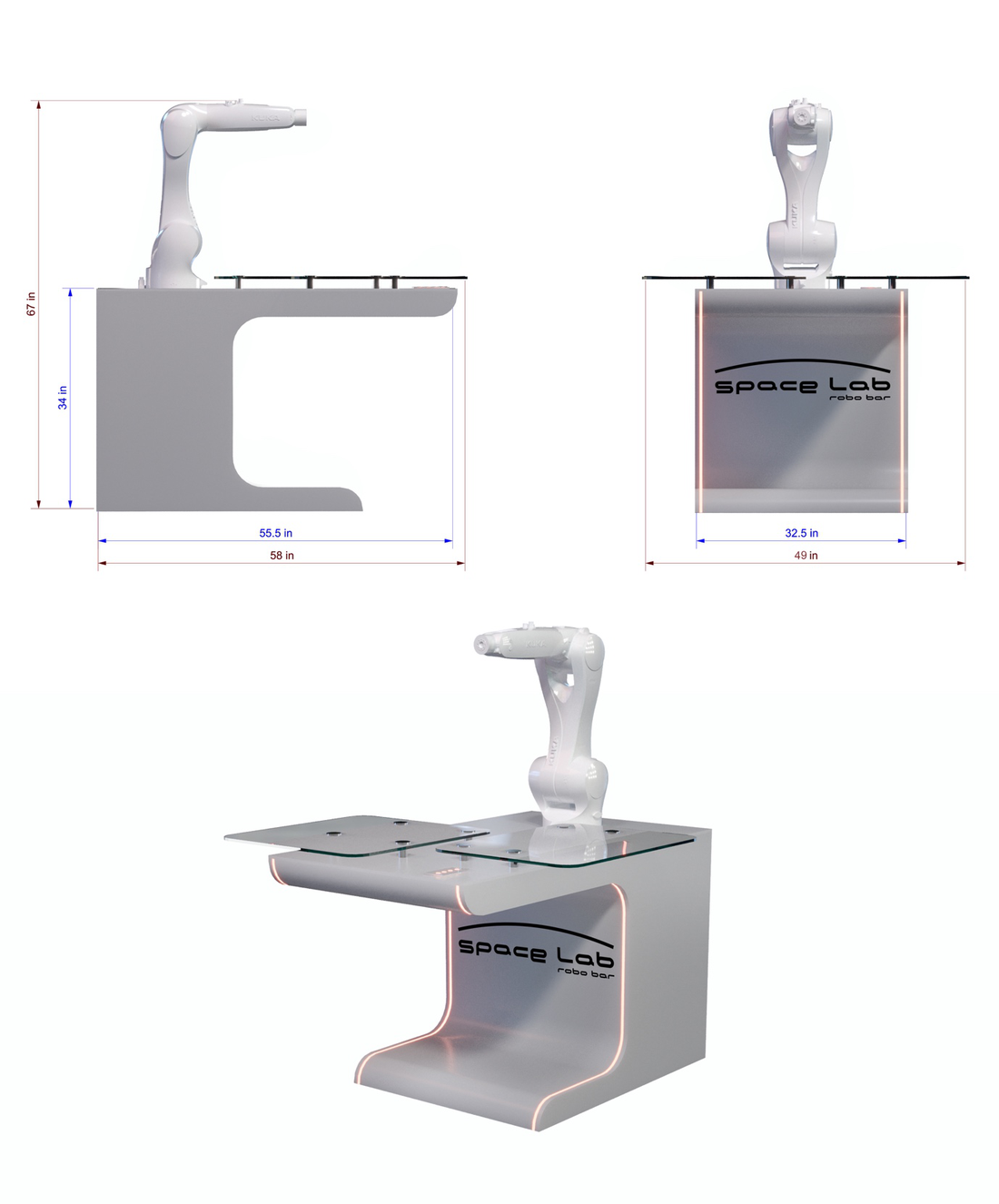 RoboBar dimensions: 58 in deep, 34 in counter height, 67 in tall with the robotic arm, body fits through a standard door